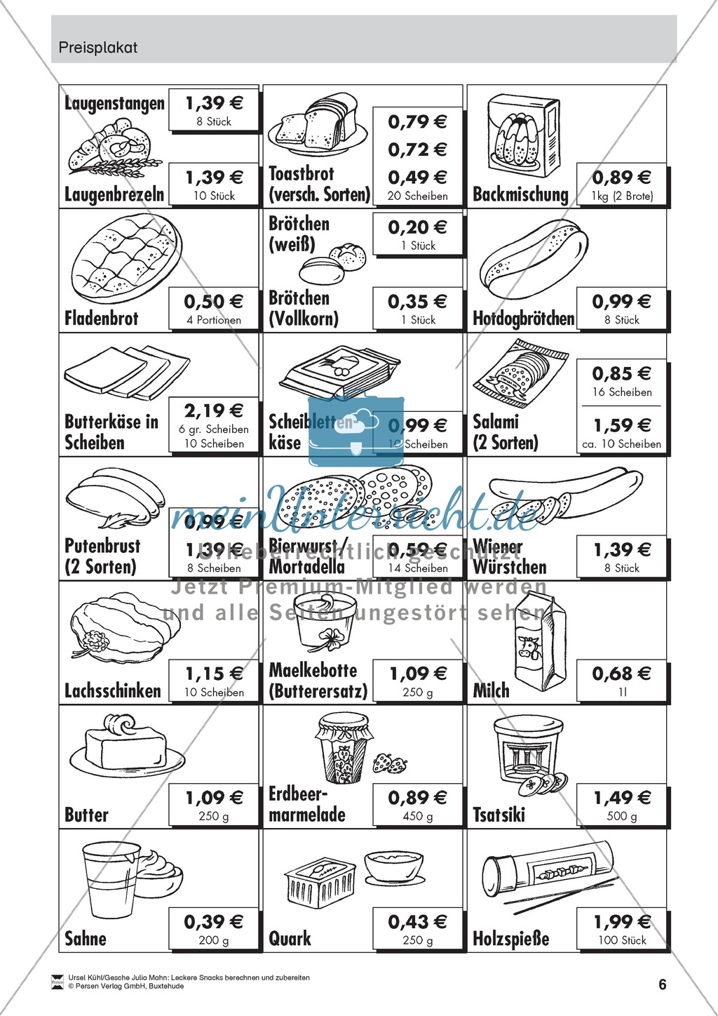 Projekt zum Sachrechnen: Käse- und Wurstspieße herstellen und Inhaltsstoffe und Preise berechnen Preview 6