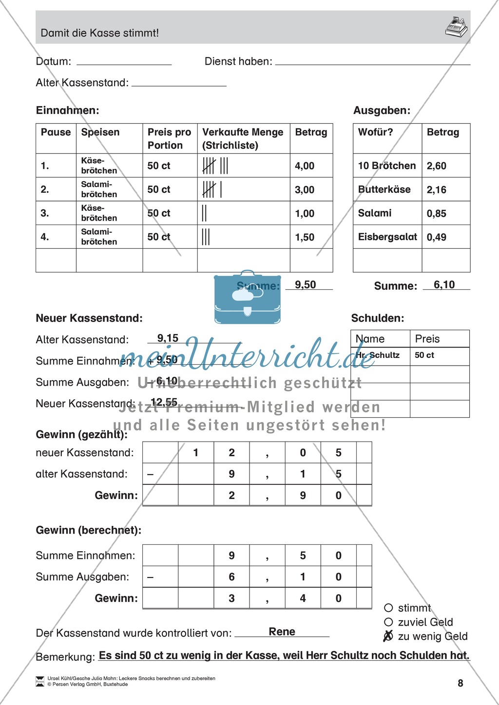 Projekt zum Sachrechnen: Käse- und Wurstspieße herstellen und Inhaltsstoffe und Preise berechnen Preview 8