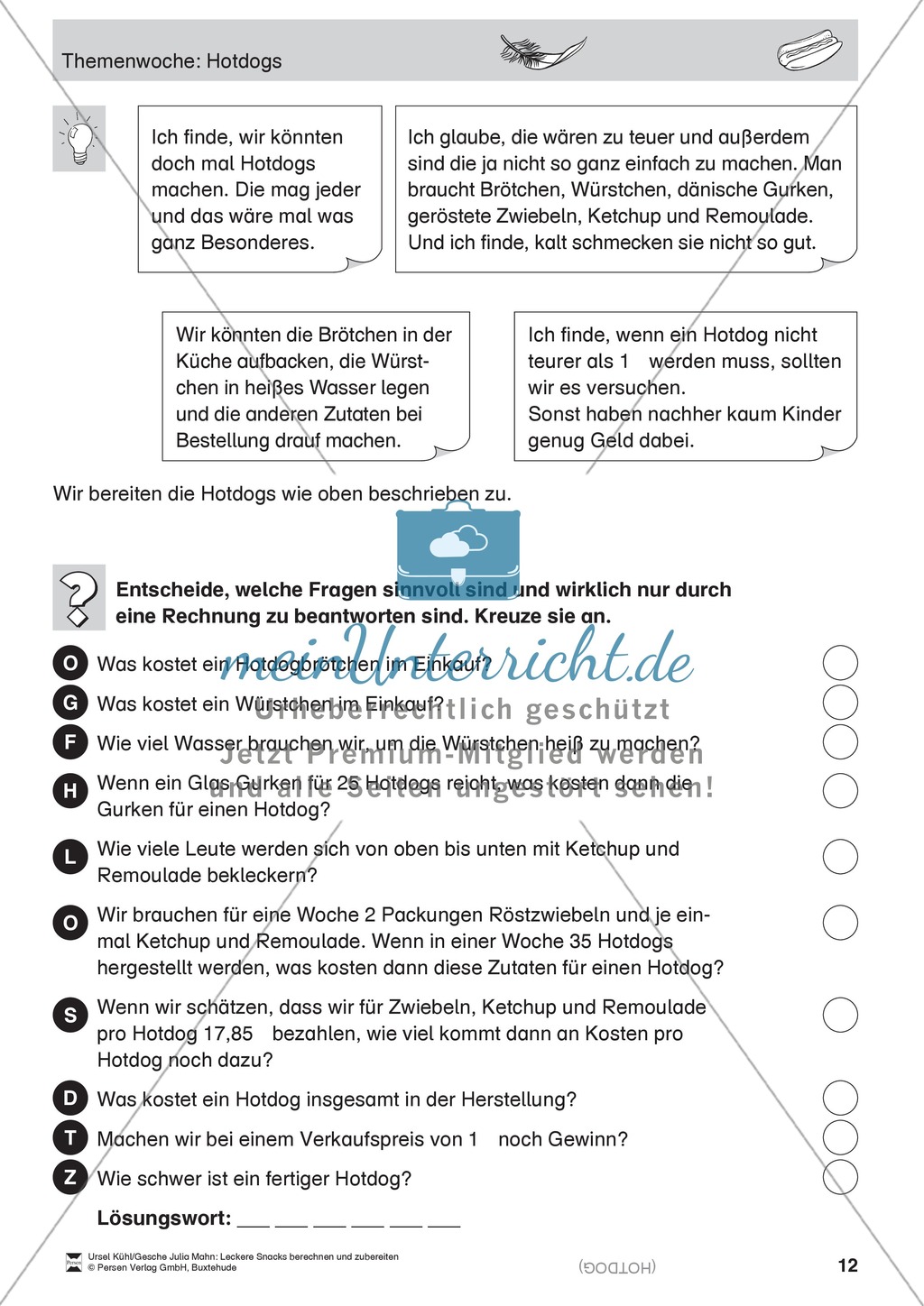 Projekt zum Sachrechnen: Hotdogs herstellen und Inhaltsstoffe und Preise berechnen Preview 12