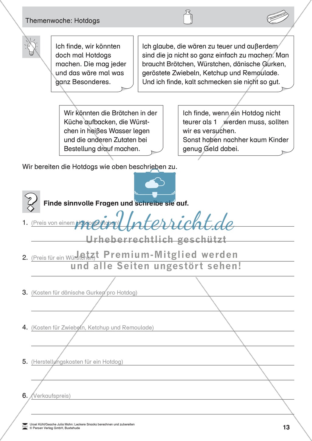 Projekt zum Sachrechnen: Hotdogs herstellen und Inhaltsstoffe und Preise berechnen Preview 13
