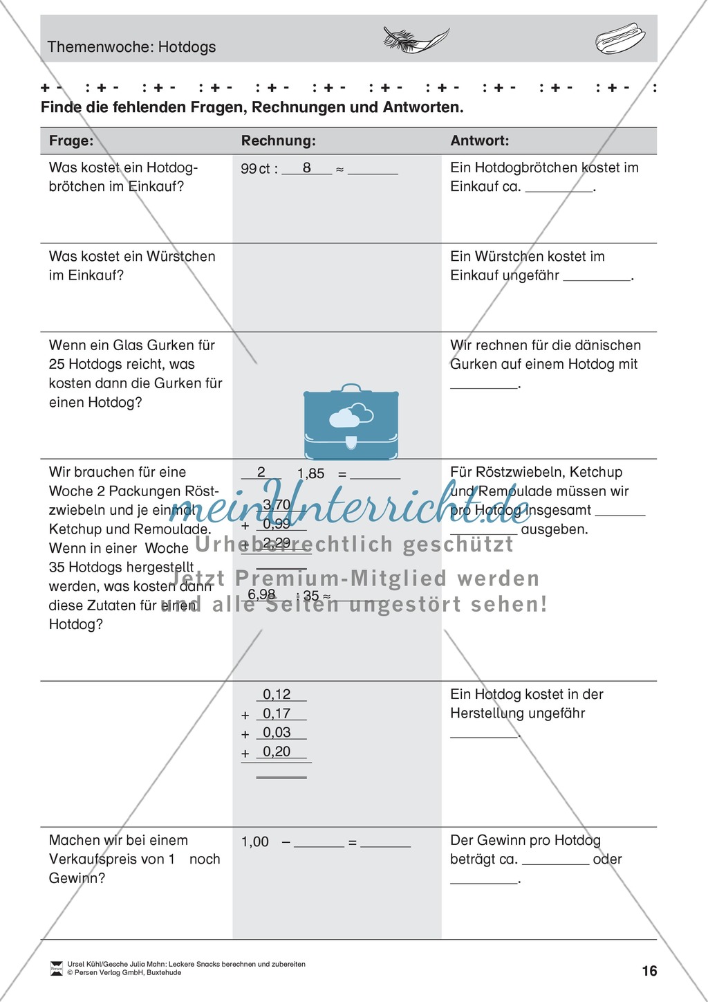 Projekt zum Sachrechnen: Hotdogs herstellen und Inhaltsstoffe und Preise berechnen Preview 16