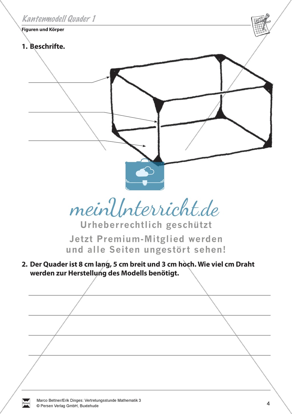 Figuren und Körper: Quader beschriften und berechnen Preview 1