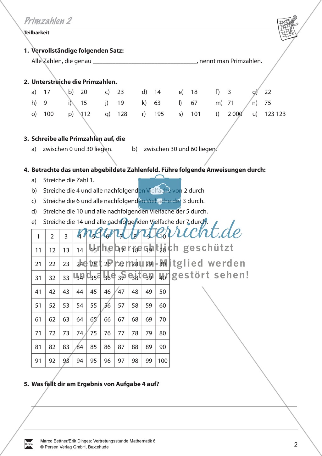 Teilbarkeit: Aufgaben zur Wiederholung von Primzahlen Preview 2