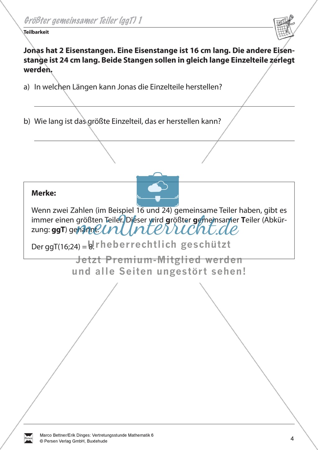 Teilbarkeit: Aufgaben zur Wiederholung des größten gemeinsamen Teilers (ggT) Preview 1