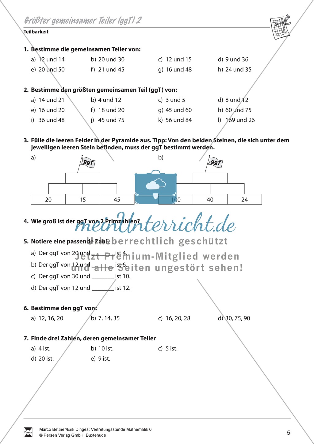Teilbarkeit: Aufgaben zur Wiederholung des größten gemeinsamen Teilers (ggT) Preview 2