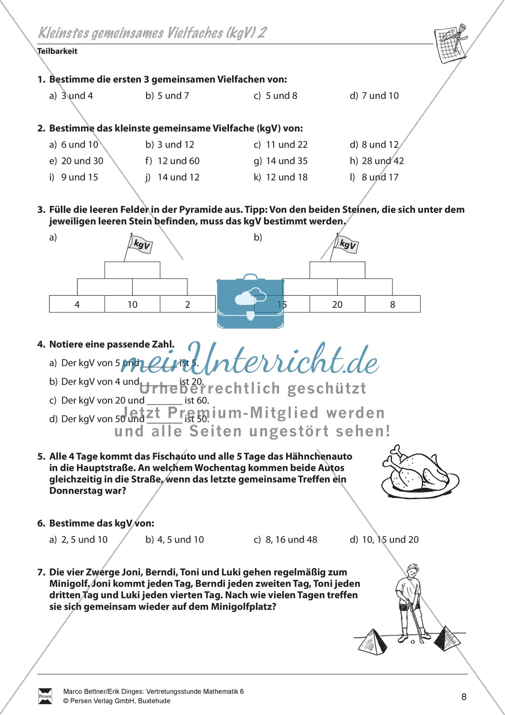 Teilbarkeit: Aufgaben zur Wiederholung und Übung des kleinsten gemeinsamen Vielfachen (kgV) Preview 2