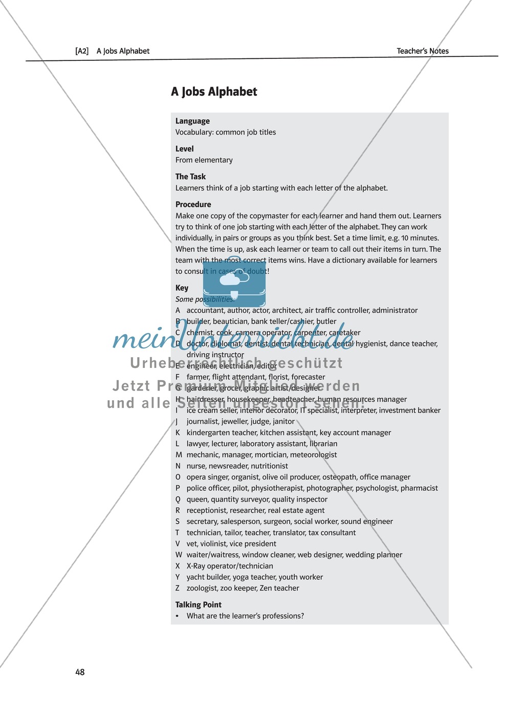 Jobs: exercise to fullfill an alphabetical list to practice vocabulary about common job titles. With solution Preview 1