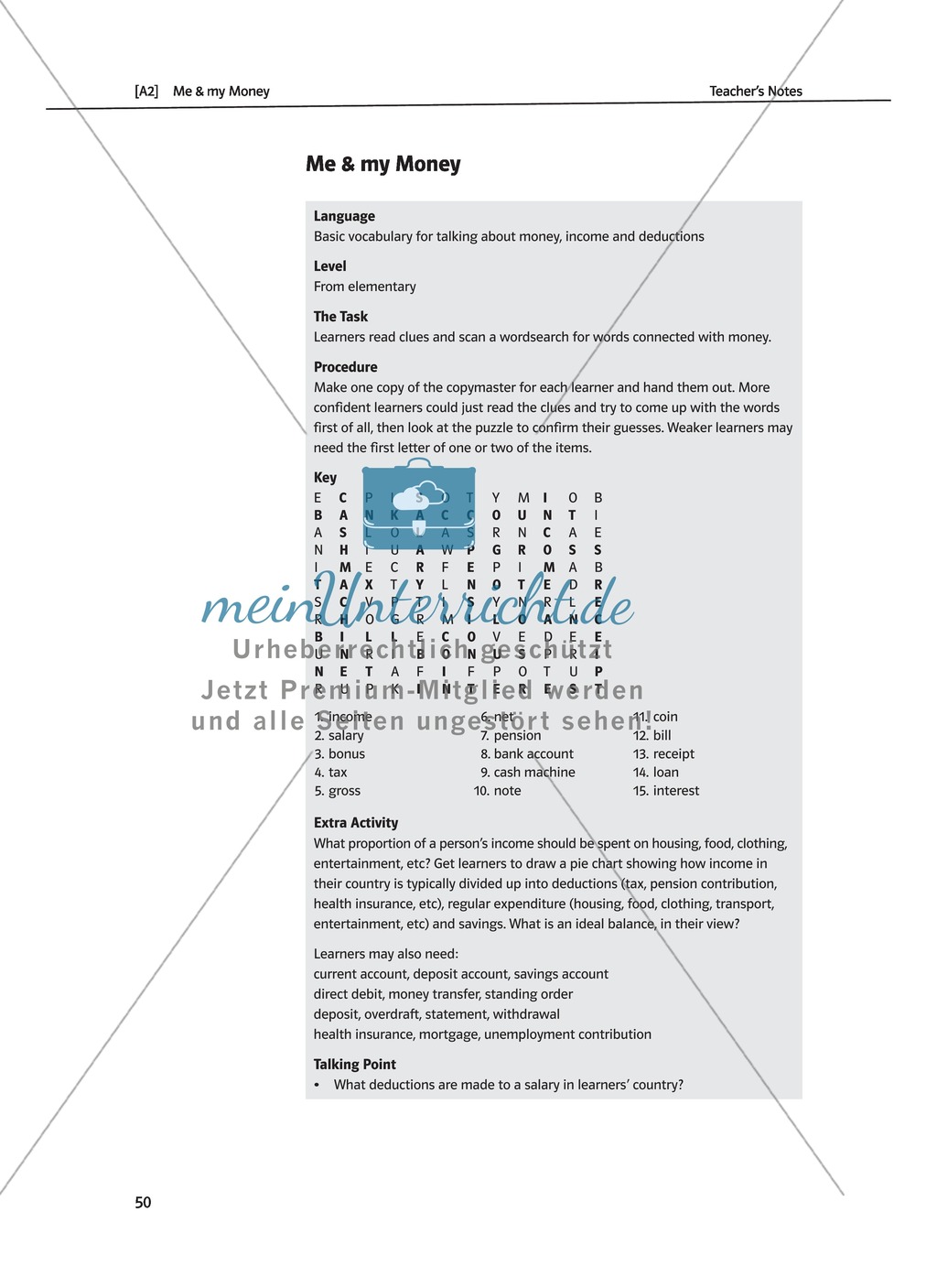 Money: wordsearch exercise to practice basic vocabulary about money and income. With solution Preview 1
