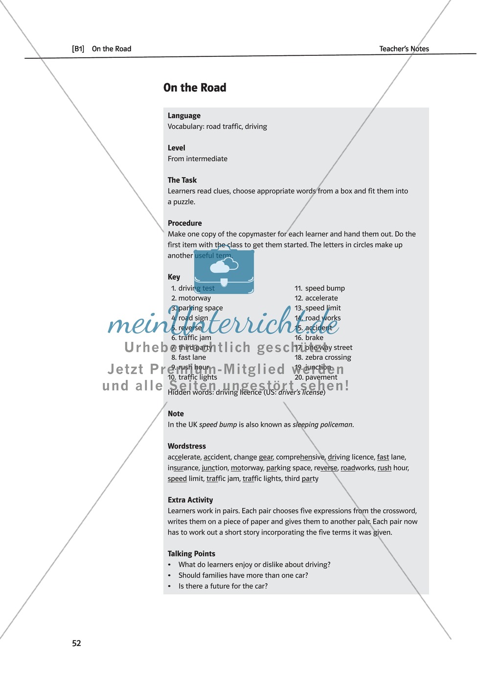On the Road: crossword exercise to practice vocabulary about road traffic and driving. With solution Preview 1