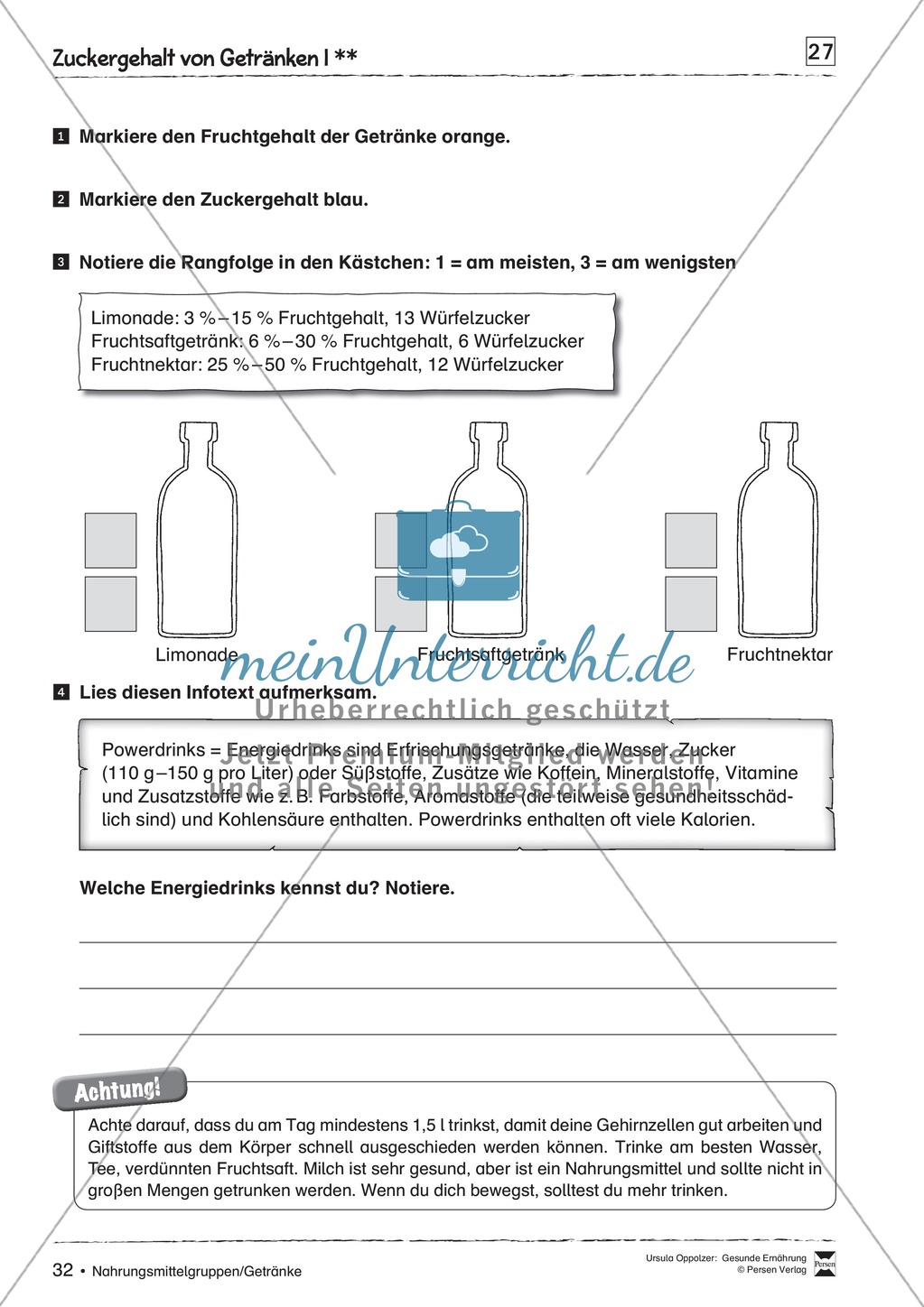 Arbeitsblätter zum Thema Zuckergehalt in Getränken Preview 1