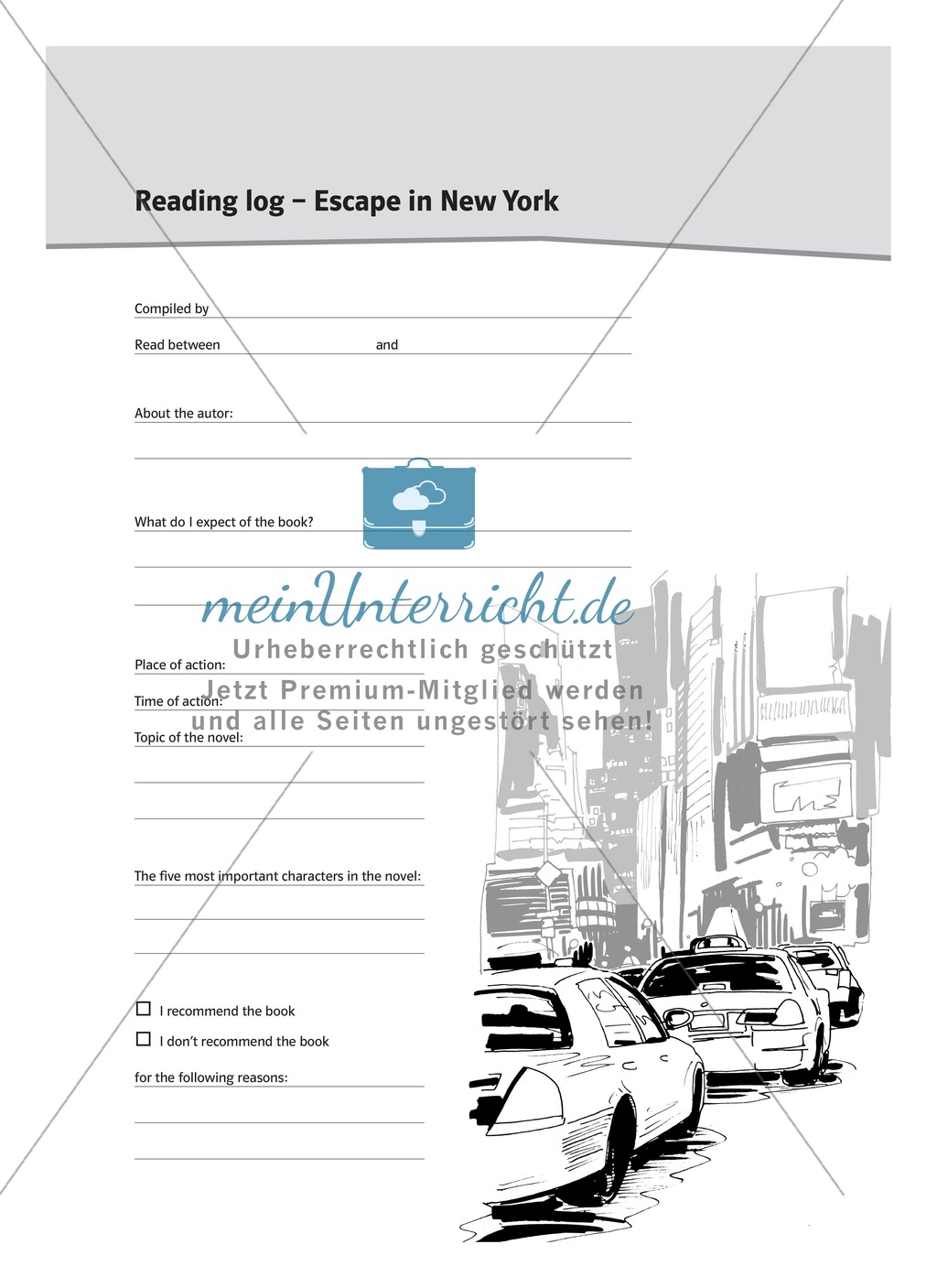 Reading log - Escape in New York: Cover page Preview 1