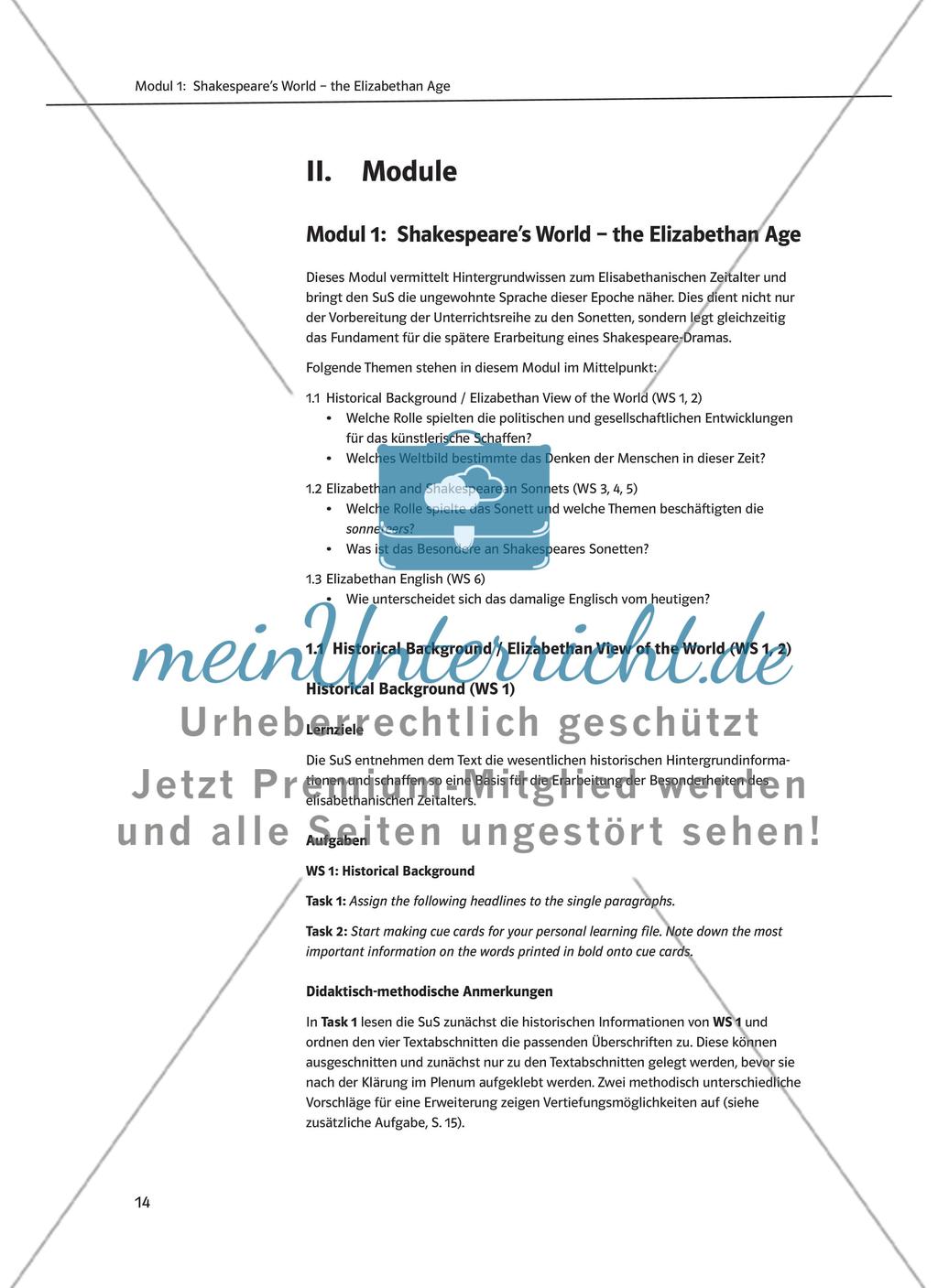Shakespeare's World - the Elizabethan Age: Themen + Lernziele + Arbeitsblätter + Lösungen Preview 1