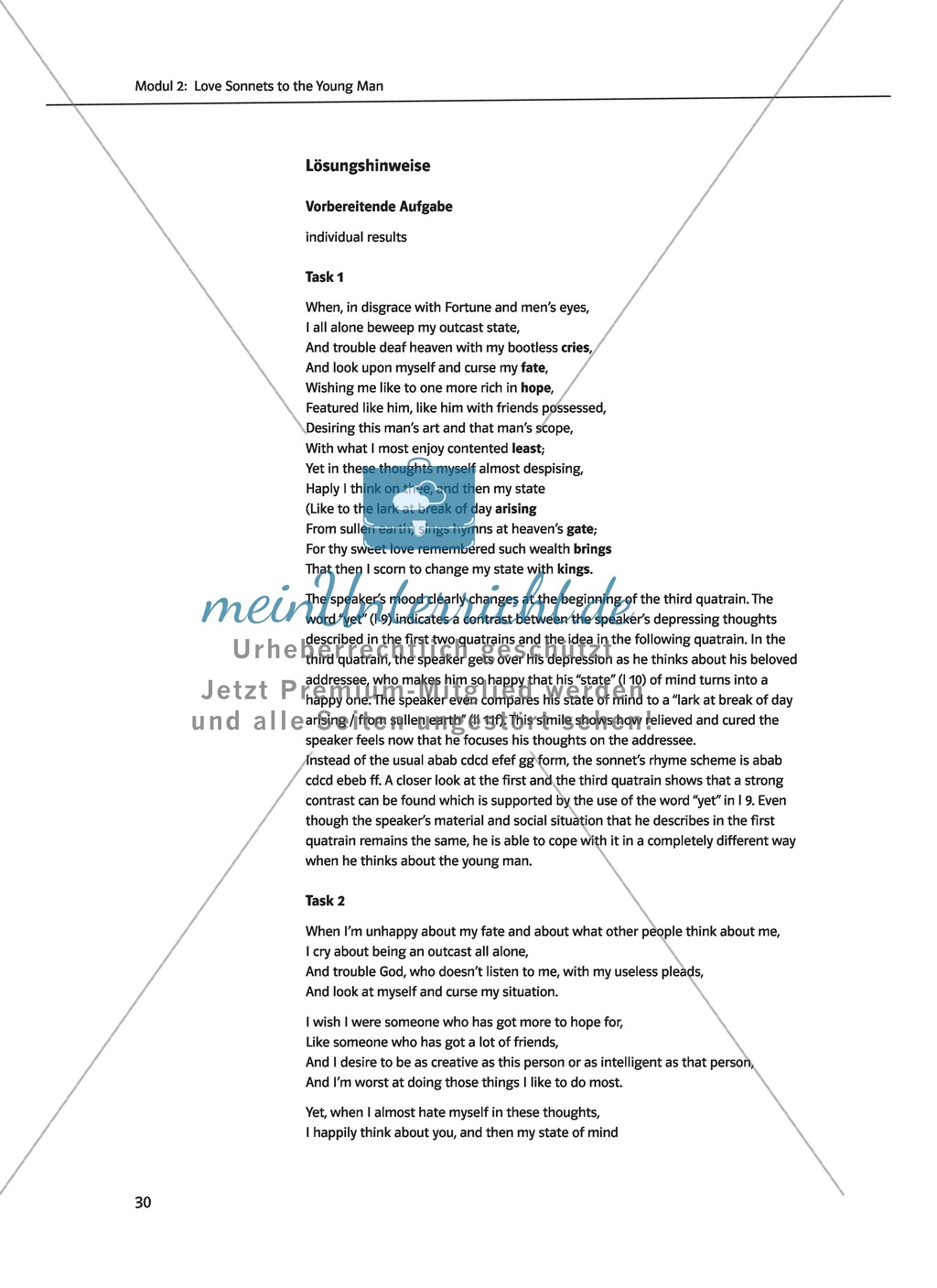 Love Sonnets to the Young Man: Shakespeare's Sonnet 29 - Lernziele + Aufgaben + Lösungen Preview 3