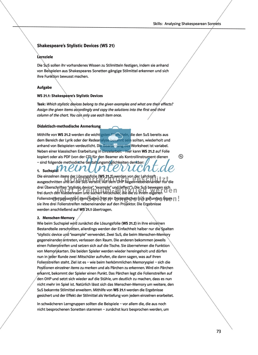 Skills: Analysing Shakespearean Sonnets: Stylistic Devices, Lernziele + Aufgaben + Lösungen Preview 3