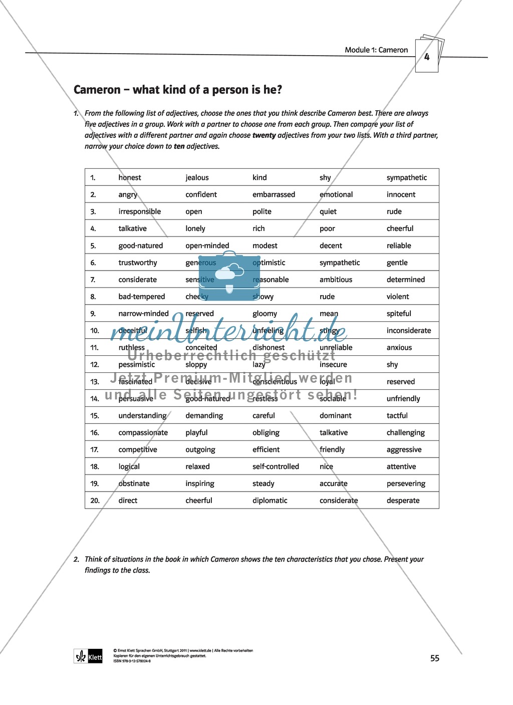 Cameron as the main character: Direct and indirect characterisation. Mit didaktischen Anmerkungen, Kopiervorlagen, Vokabelanmerkungen und Lösungsvorschlägen. Preview 13