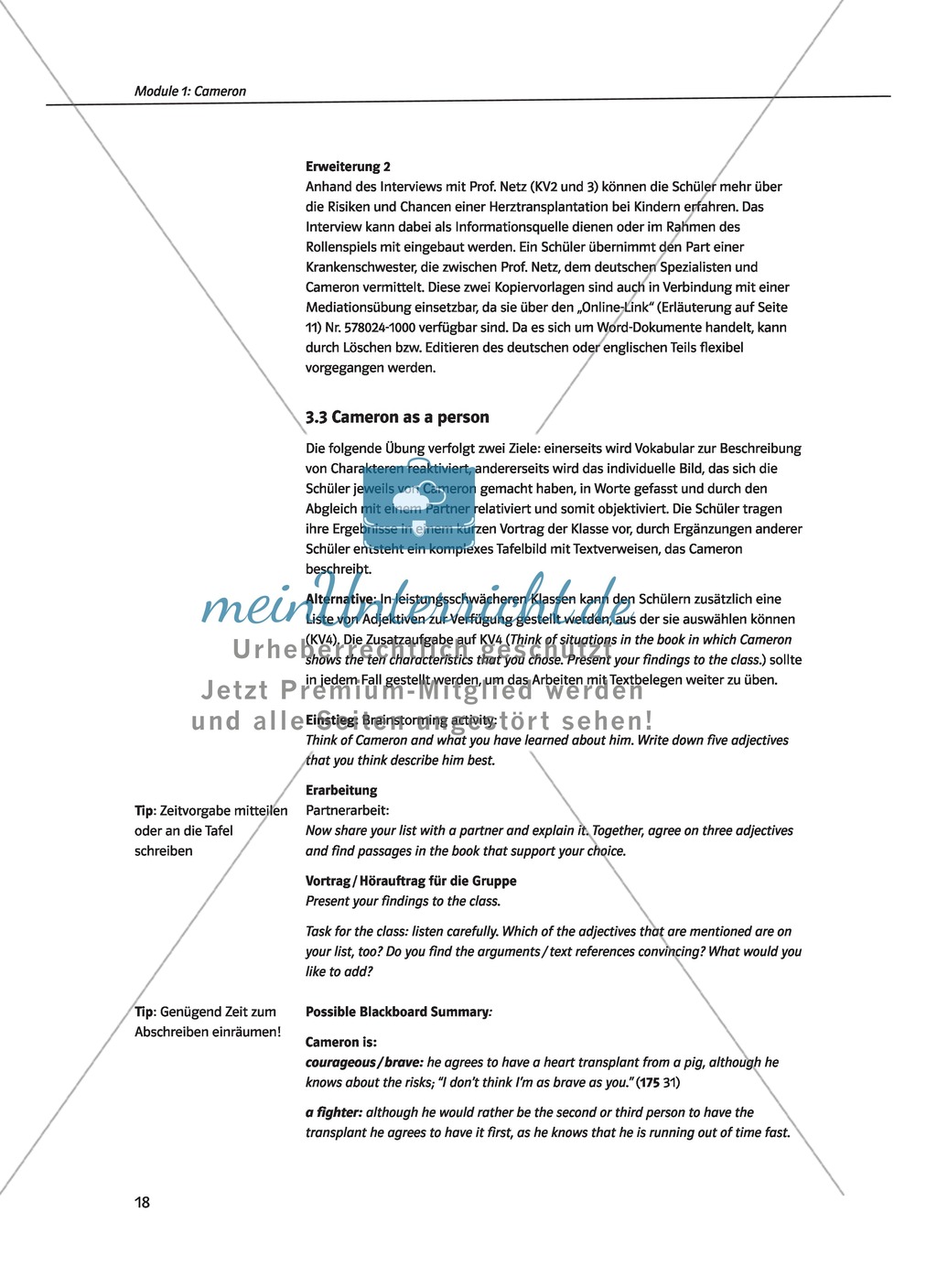 Cameron as the main character: Direct and indirect characterisation. Mit didaktischen Anmerkungen, Kopiervorlagen, Vokabelanmerkungen und Lösungsvorschlägen. Preview 3
