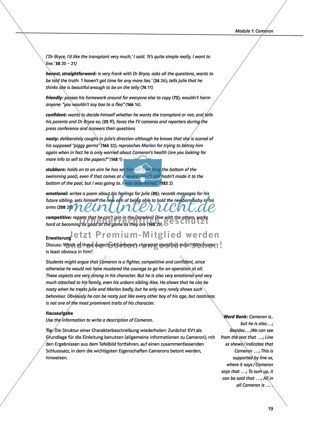 Cameron as the main character: Direct and indirect characterisation. Mit didaktischen Anmerkungen, Kopiervorlagen, Vokabelanmerkungen und Lösungsvorschlägen. Preview 4