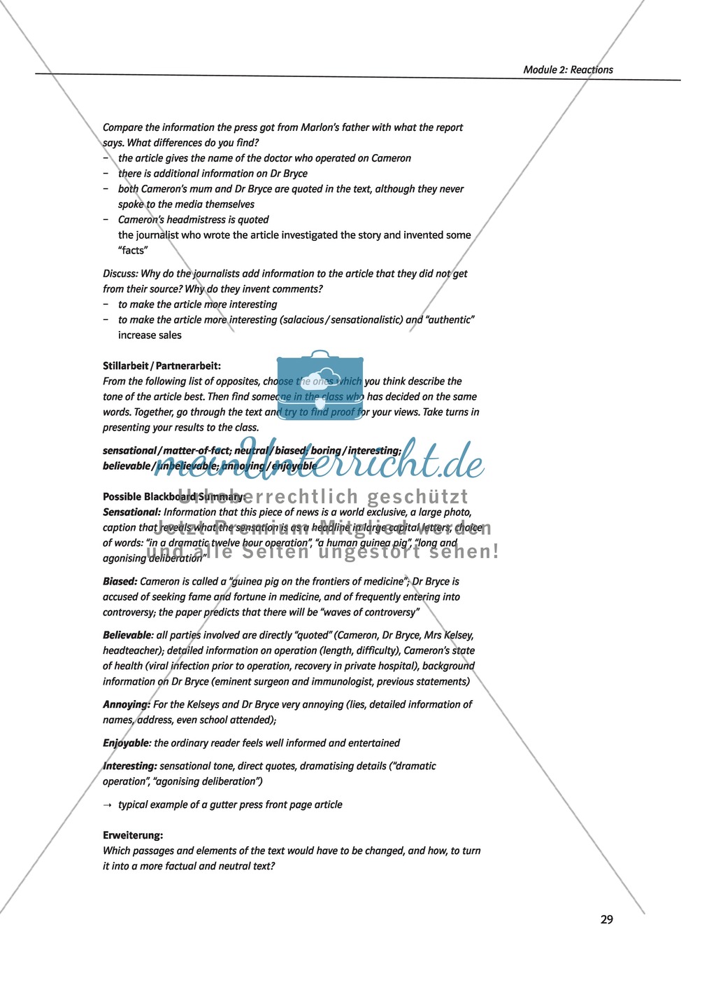 Reactions on transplantation: Schulkameraden, Freunde, die Medien und Tierrechtsorganisationen im Vergleich. Mit didaktischen Anmerkungen, Kopiervorlagen, Vokabelanmerkungen und Lösungsvorschlägen. Preview 5