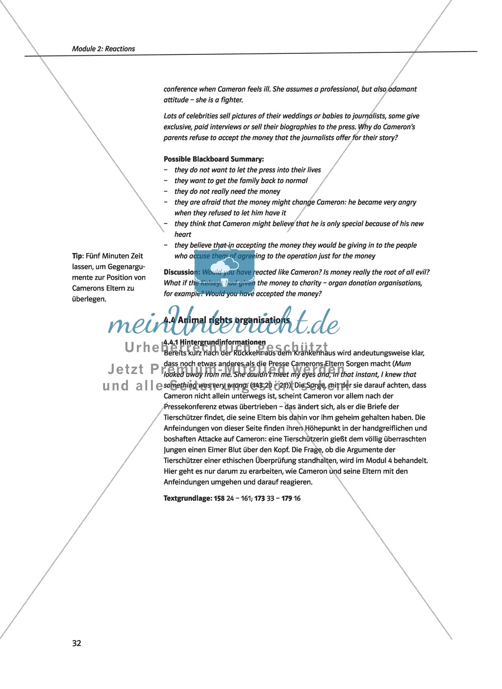 Reactions on transplantation: Schulkameraden, Freunde, die Medien und Tierrechtsorganisationen im Vergleich. Mit didaktischen Anmerkungen, Kopiervorlagen, Vokabelanmerkungen und Lösungsvorschlägen. Preview 8