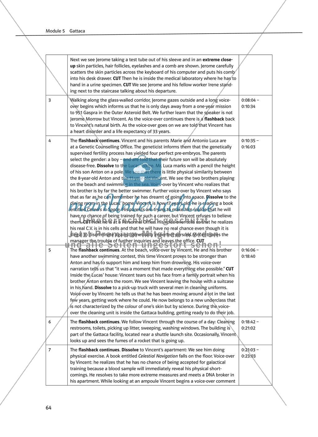 Gattaca - Allgemeine Informationen und Szenenprotokoll - Übersicht über Inhalt und Kameraeinstellungen Preview 2