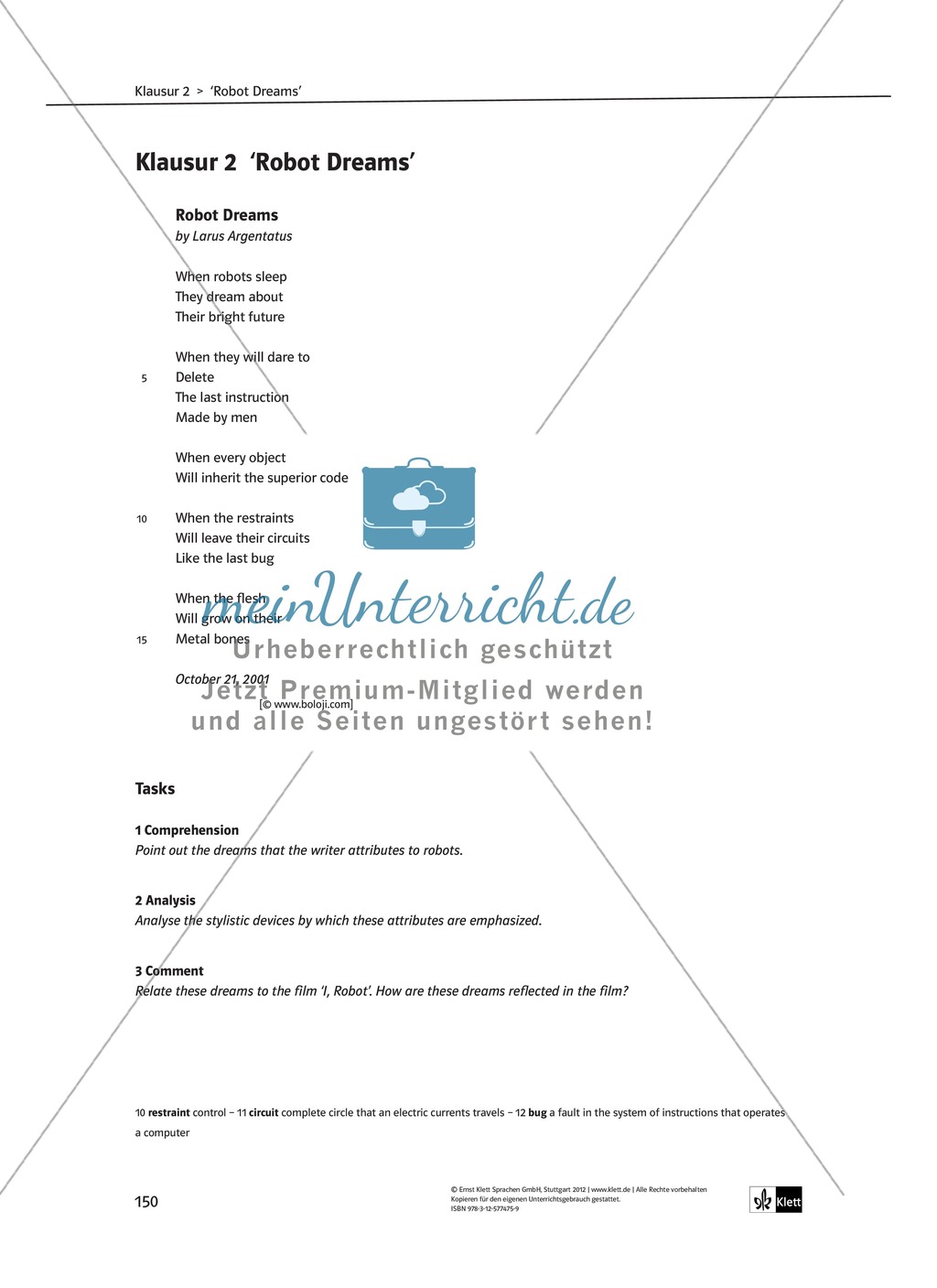 Mündliche Prüfung zum Thema "Science fiction" - Robot dreams: Comprehension, Analysis and Comment on a text which deals with the topics of "I, Robot" Preview 1