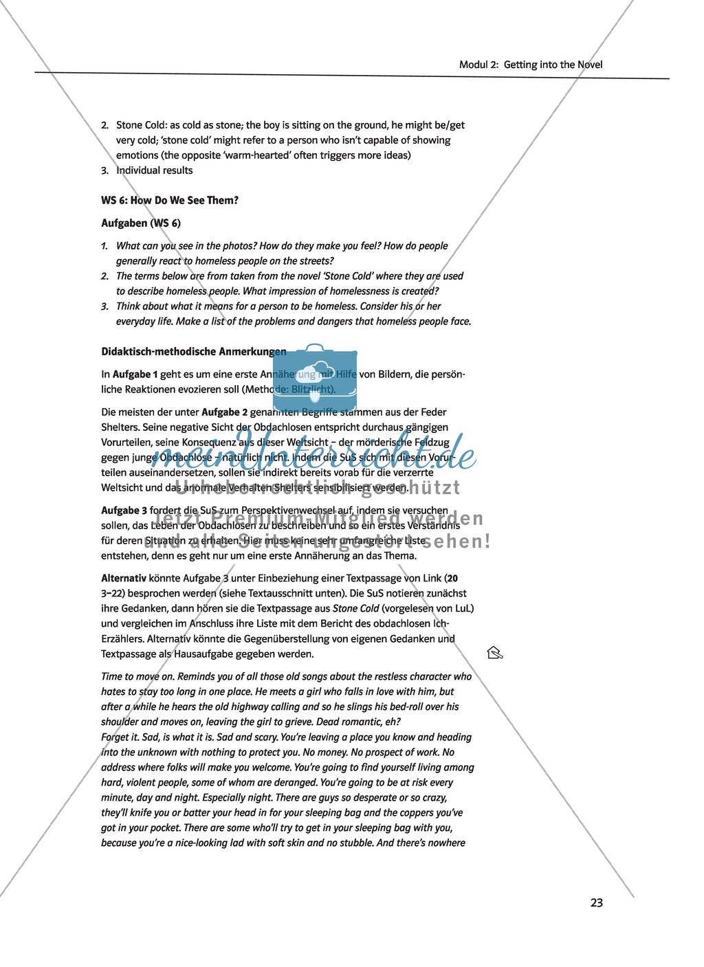 Robert Swindell's "Stone Cold": Getting into the novel by speculating about the content and dealing with the problem of homelessness, worksheets with solutions, tasks and didactic advice Preview 2