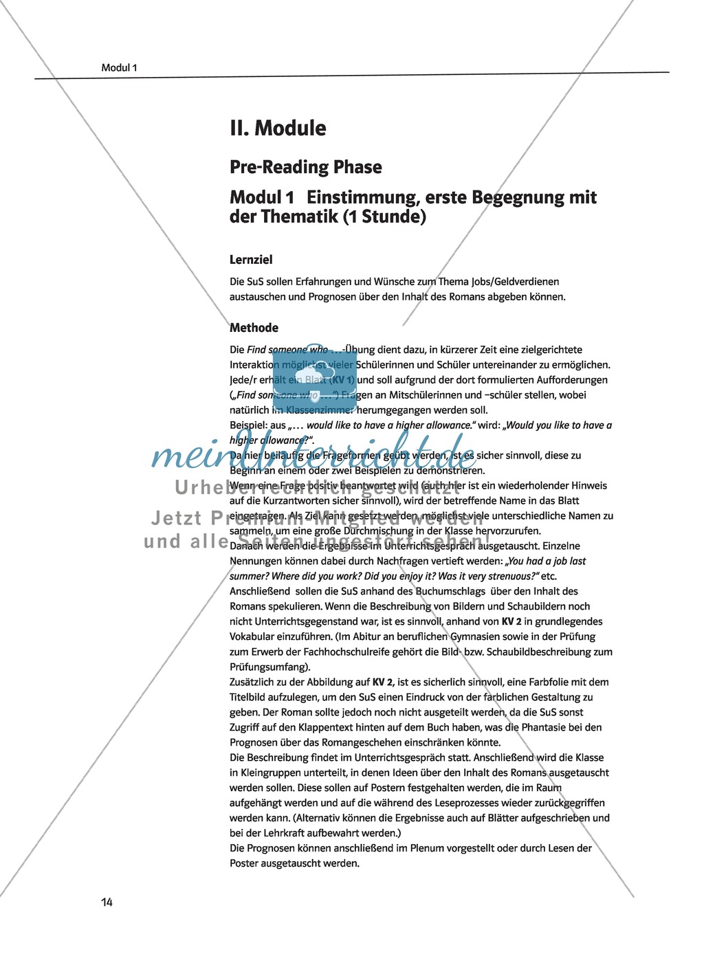 Pre-reading Phase: Lernziele + Kopiervorlagen + Lösungen Preview 1