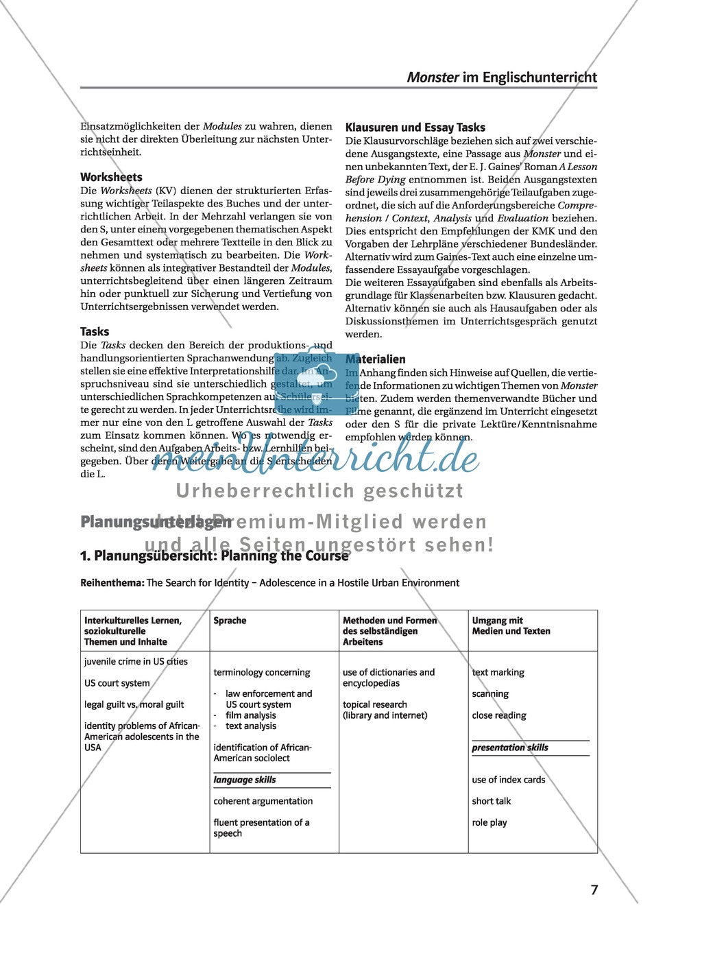 Über Prozessgeschichte/ Roman "Monster" (Themen: Schuld, Identität, Kriminalität, amerikanisches Rechtssystem) + Info zum Umgang mit Teacher's Guide Preview 3
