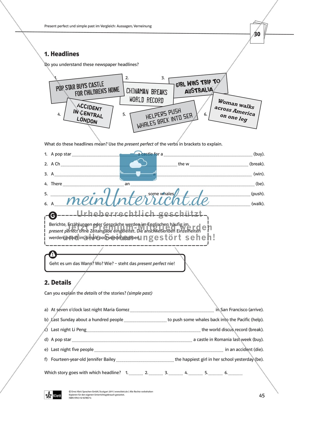 Arbeitsblätter für einen kommunikativen Grammatikunterricht: Present perfect Preview 10