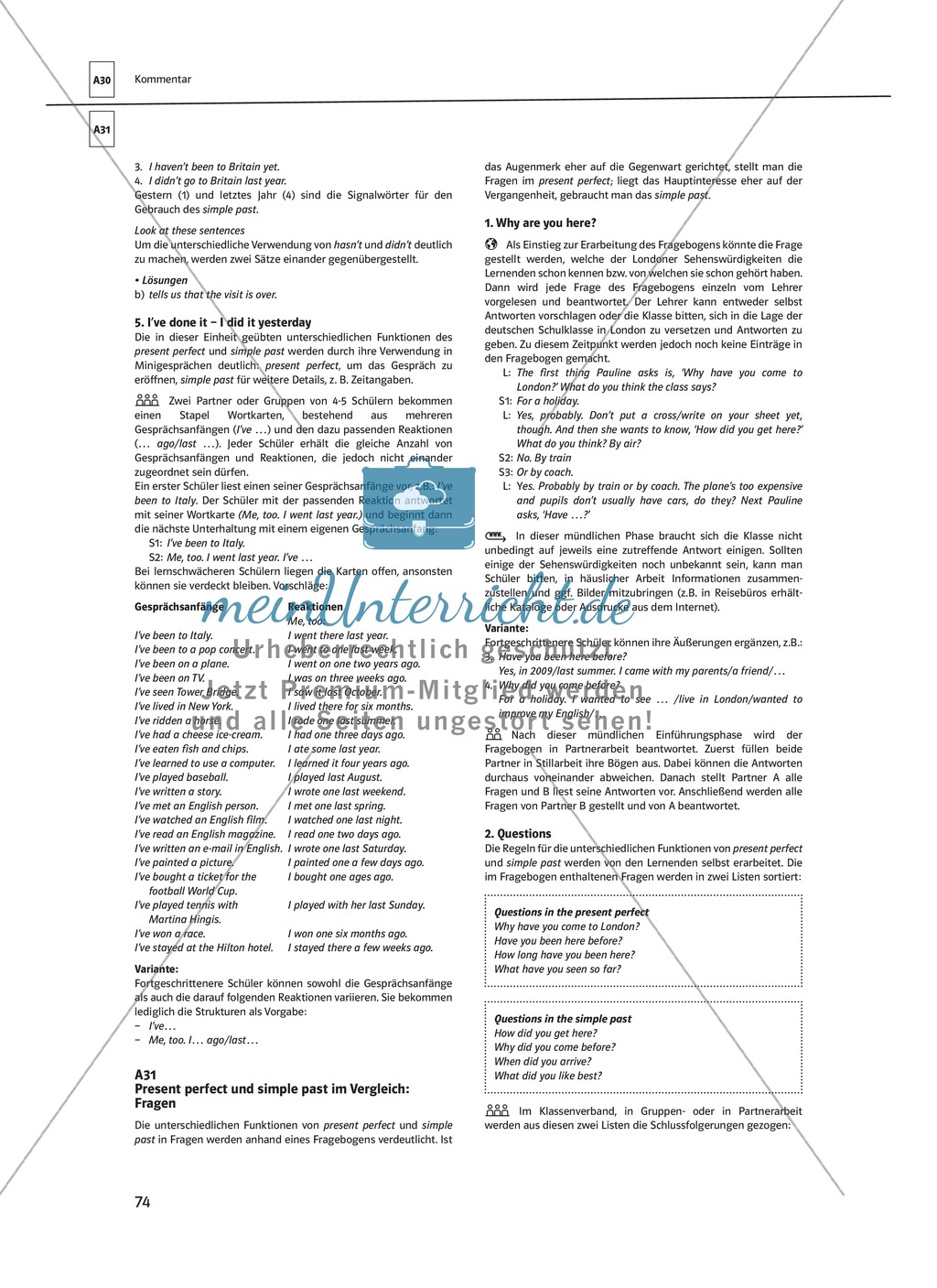 Arbeitsblätter für einen kommunikativen Grammatikunterricht: Present perfect Preview 16