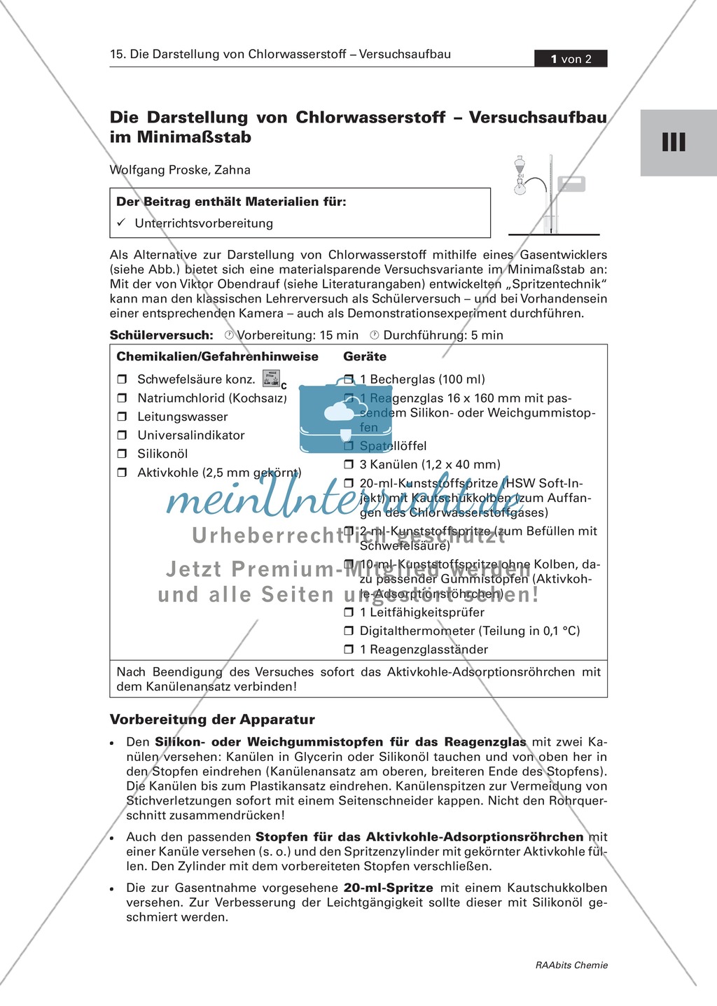 Darstellung von Chlorwasserstoff im Minimaßstab als Schülerversuch Preview 1