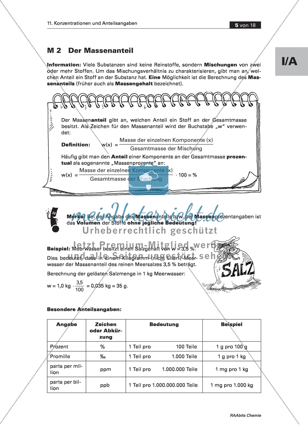Informationen, Übungen und Schülerversuche zu Massenanteil und Massenkonzentration Preview 1