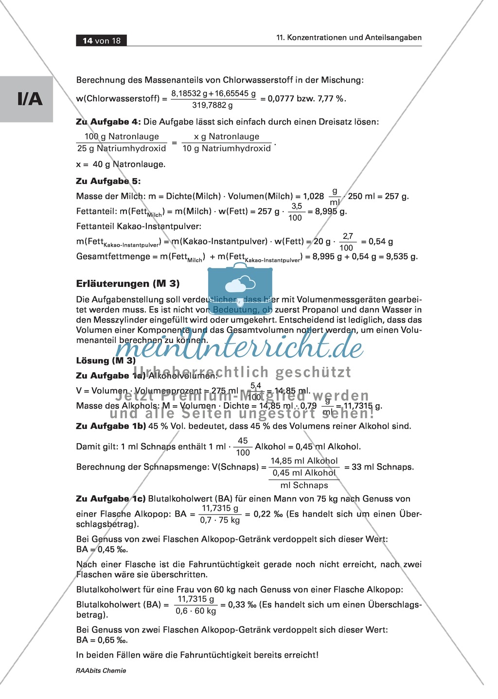 Informationen, Übungen und Schülerversuche zu Volumenanteil und Volumenkonzentration Preview 5