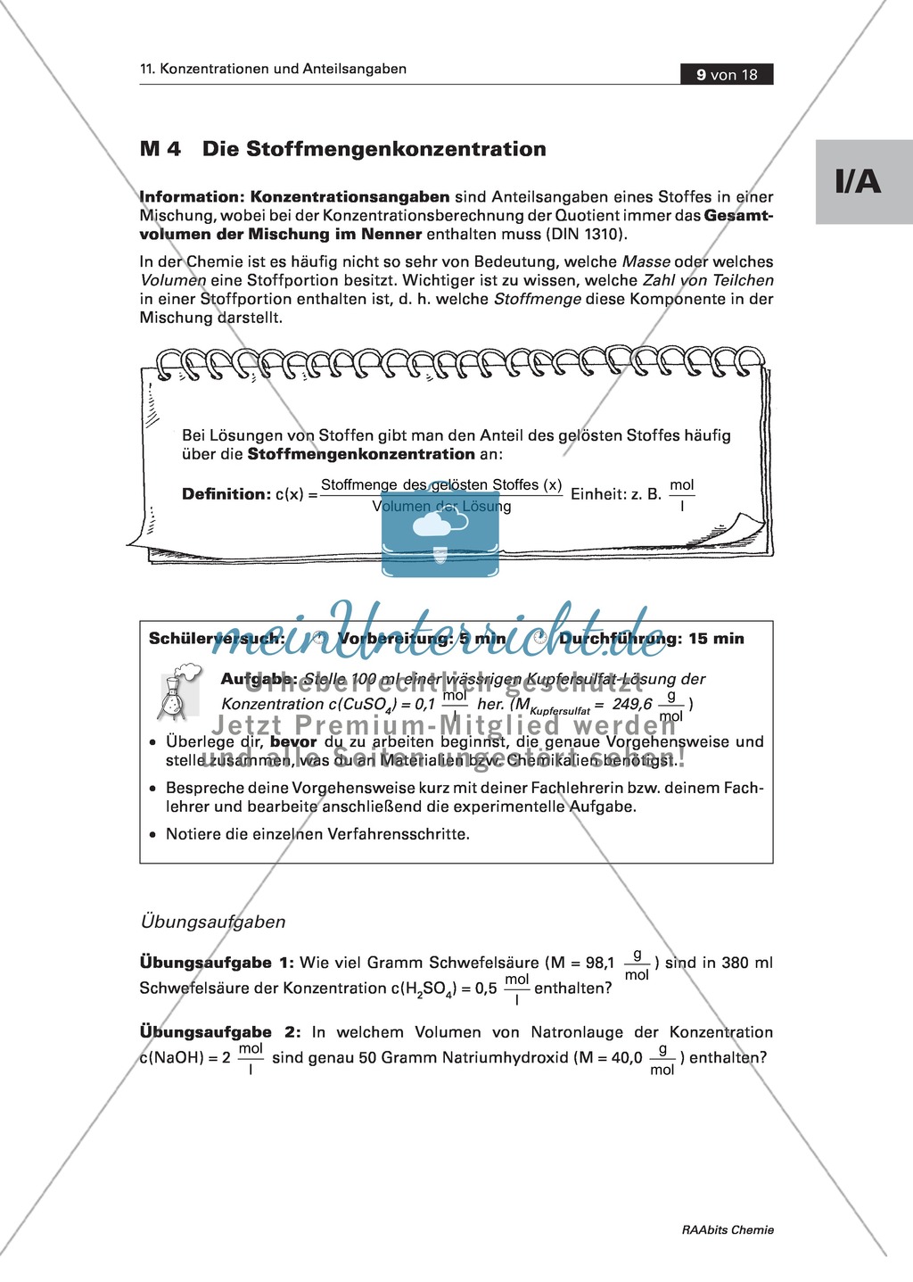 Informationen, Übungen und Schülerversuch zur Stoffmengenkonzentration Preview 1