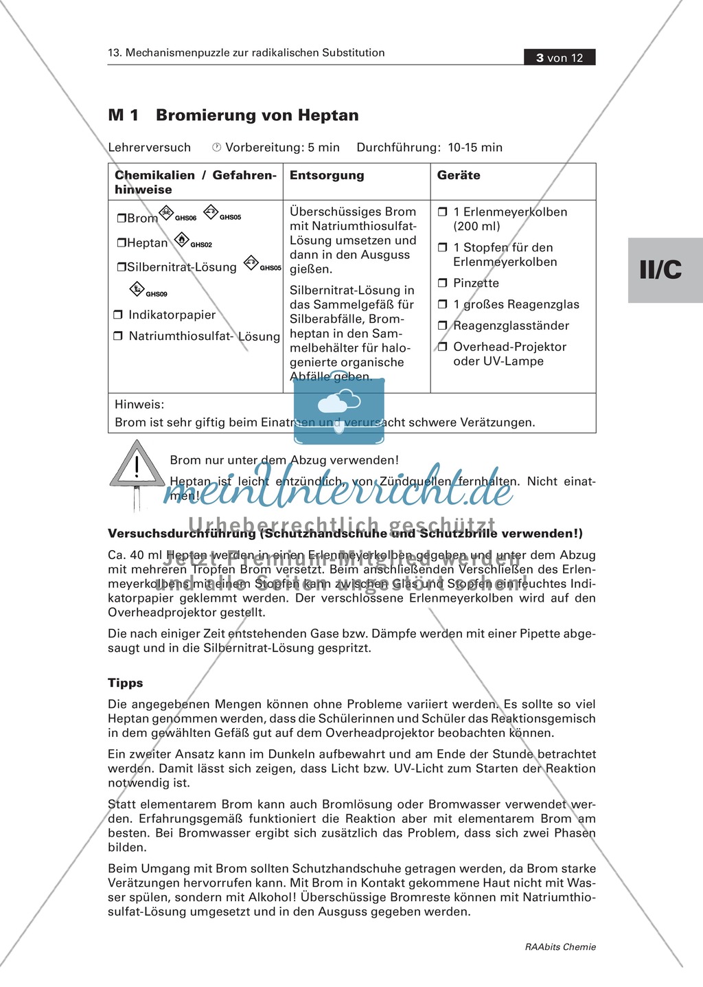 Radikalische Substitution am Beispiel Bromierung von Heptan: Experiment, Mechanismenpuzzle, Beilsteinprobe, Wissenstest Preview 1
