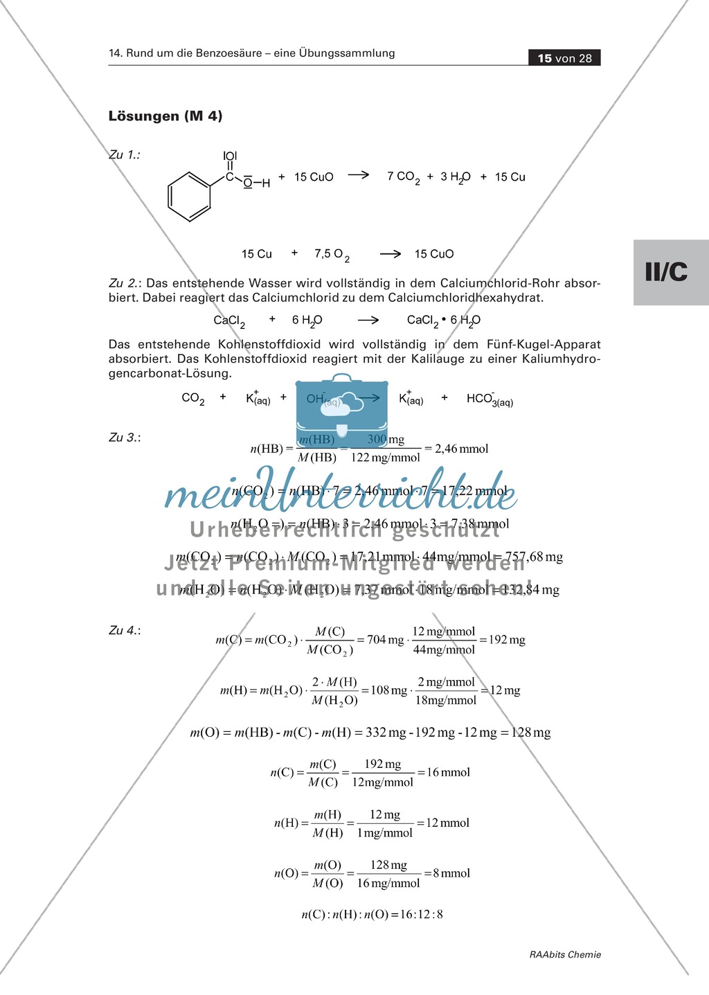Übung zum Rechnen mit chemischen Größen: C, H-Analyse von Benzoesäure mit Calciumchlorid-Rohr und Fünf-Kugel-Apparat Preview 2