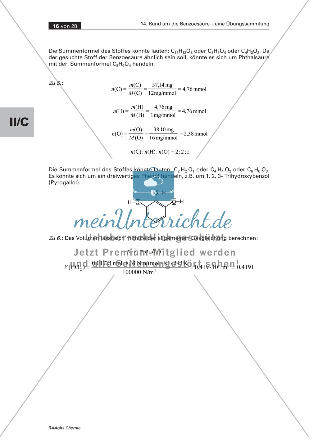 Übung zum Rechnen mit chemischen Größen: C, H-Analyse von Benzoesäure mit Calciumchlorid-Rohr und Fünf-Kugel-Apparat Preview 3