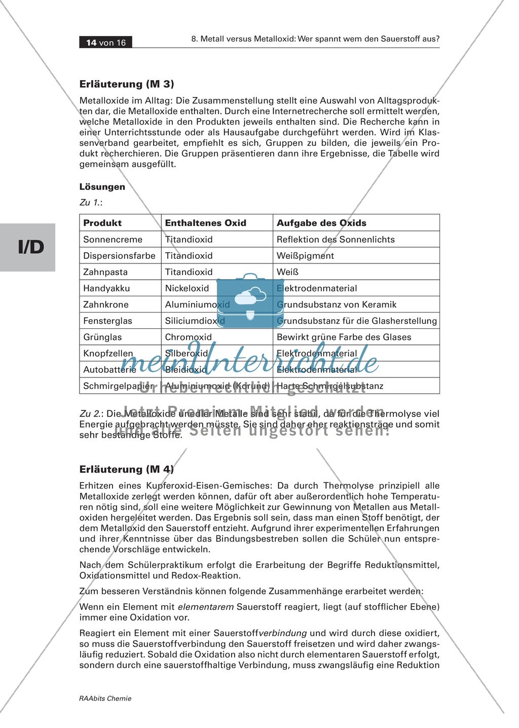 Redoxreihe Redoxreaktionen Von Metall Und Metalloxid Meinunterricht