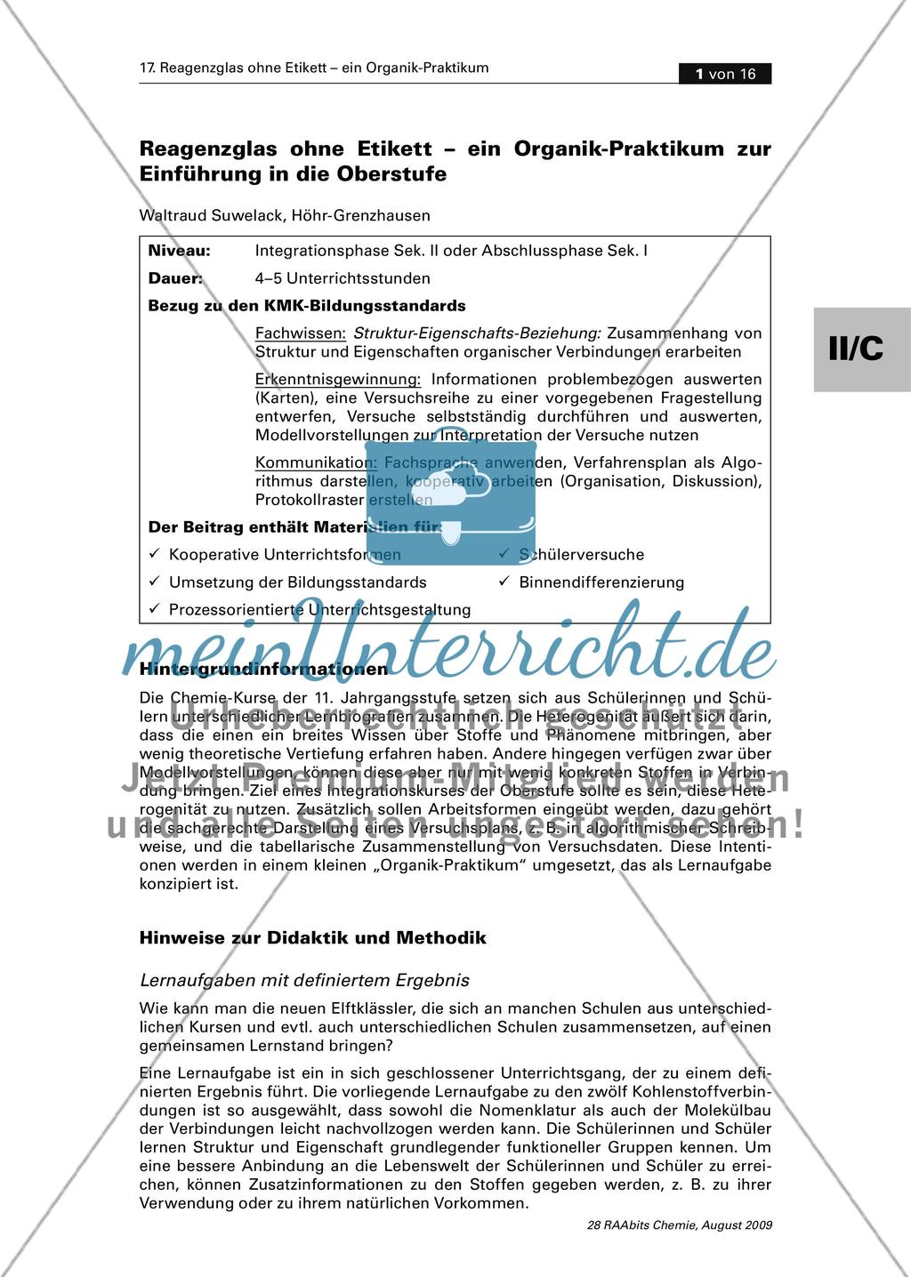 Reagenzglas ohne Etikett – ein Organik-Praktikum zur Einführung in die Oberstufe Preview 1