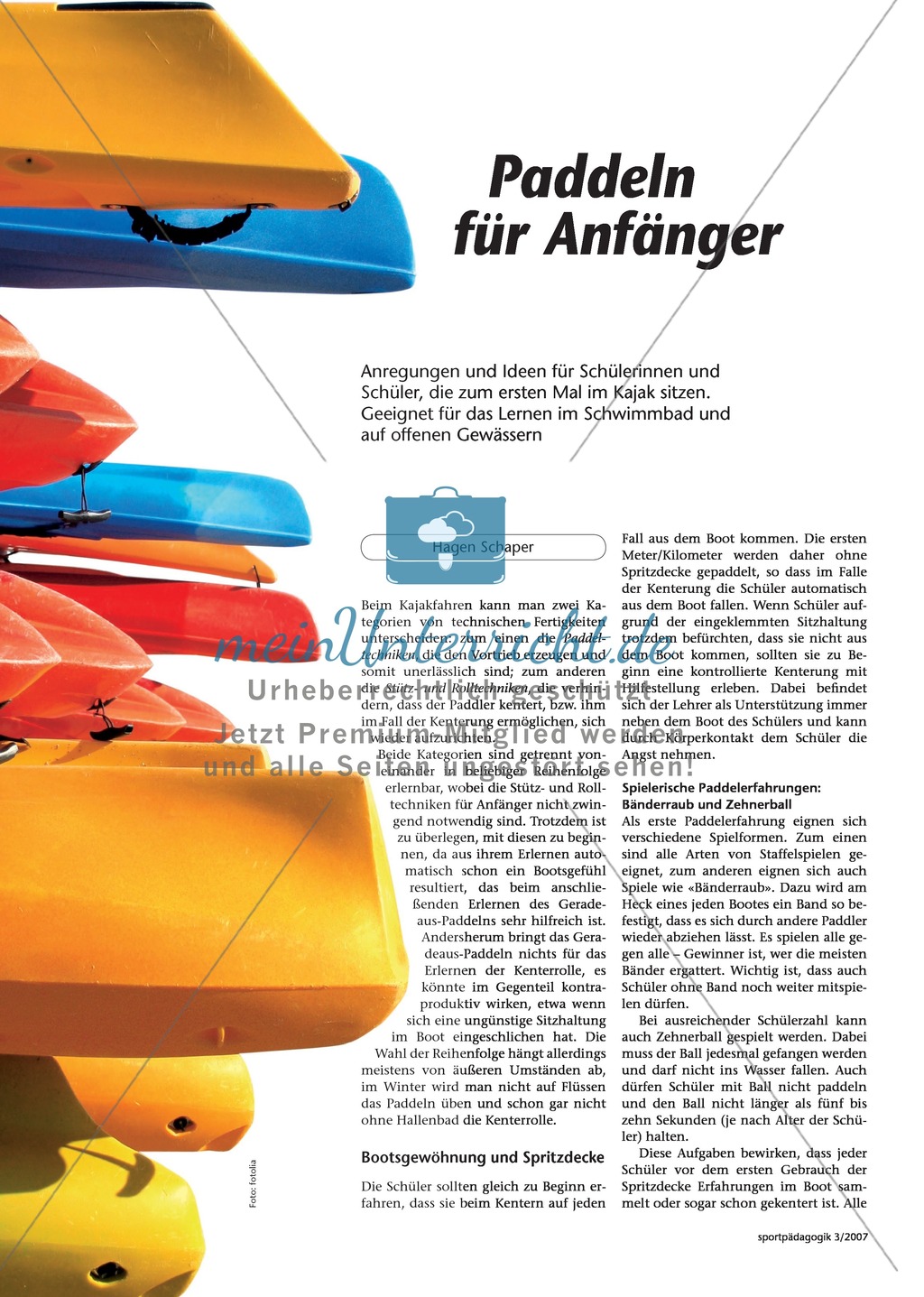Wassersport: Anregungen und Ideen für Unterricht, bei dem Schüler das erste mal in einem Kajak sitzen Preview 1