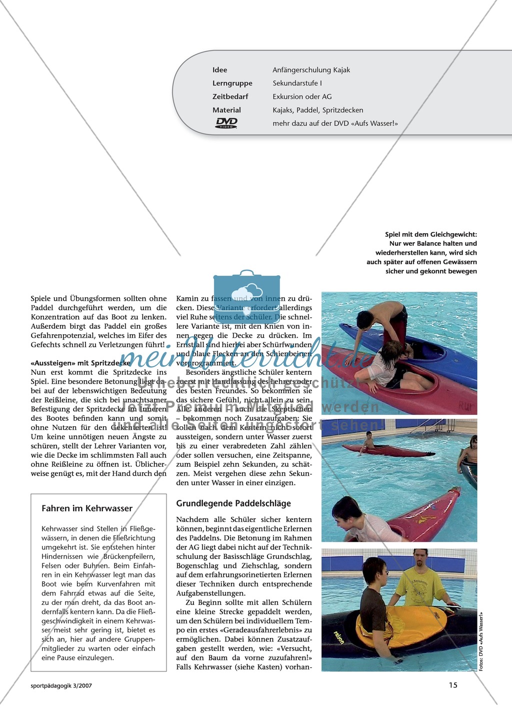 Wassersport: Anregungen und Ideen für Unterricht, bei dem Schüler das erste mal in einem Kajak sitzen Preview 2
