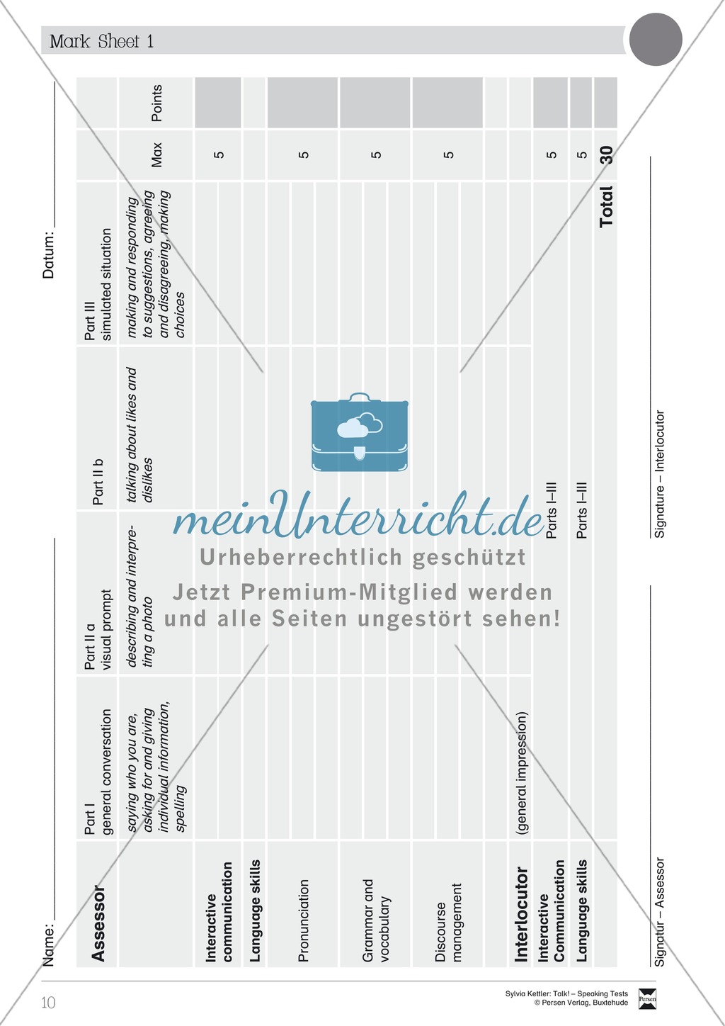 Speaking Tests: Bewertungsbögen + Zeitplan + Sitzplan Preview 1
