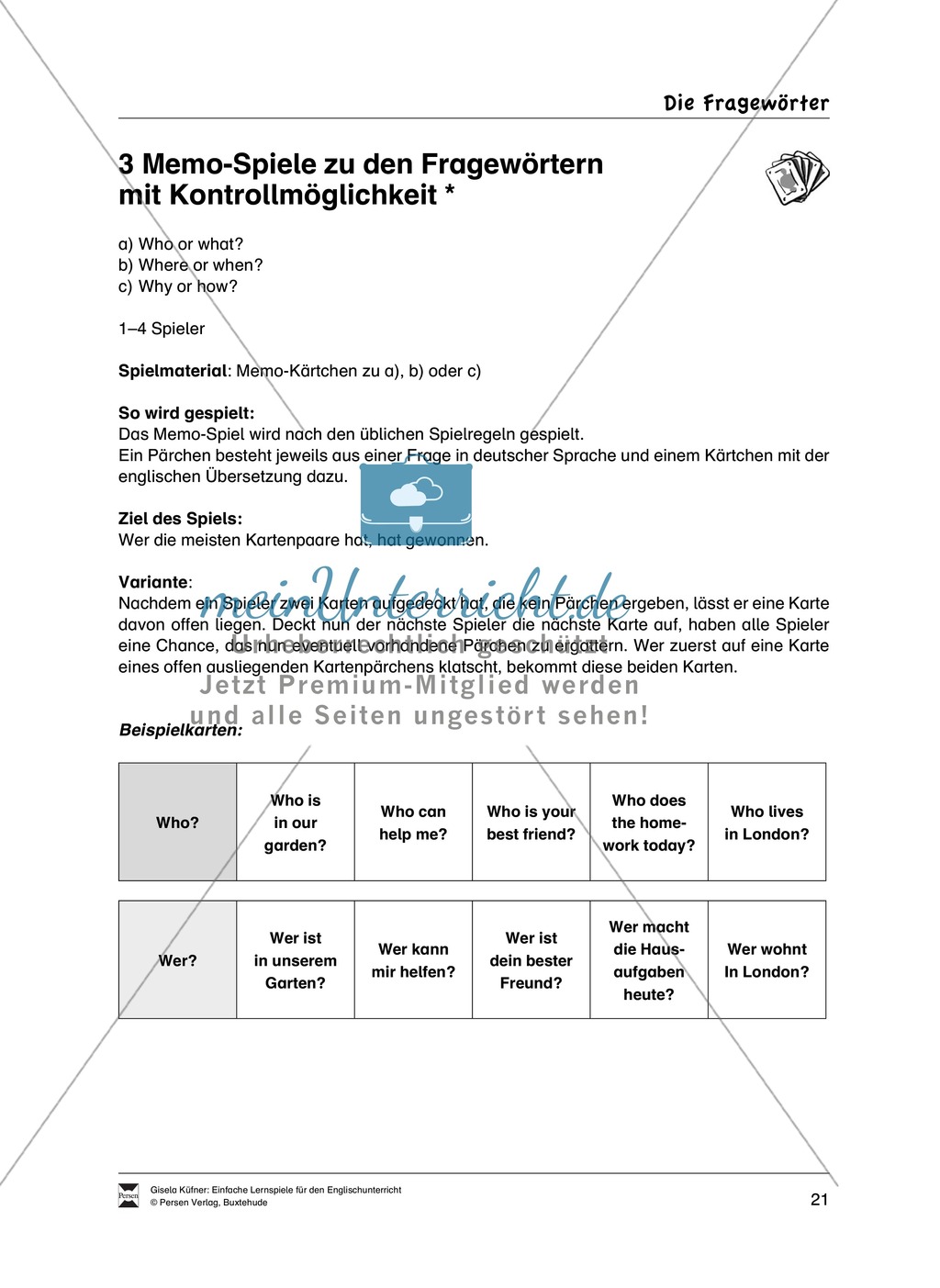 Satzbildung bei verneinten Sätzen, Entscheidungsfragen, W-Fragen: Lernspiele Preview 3
