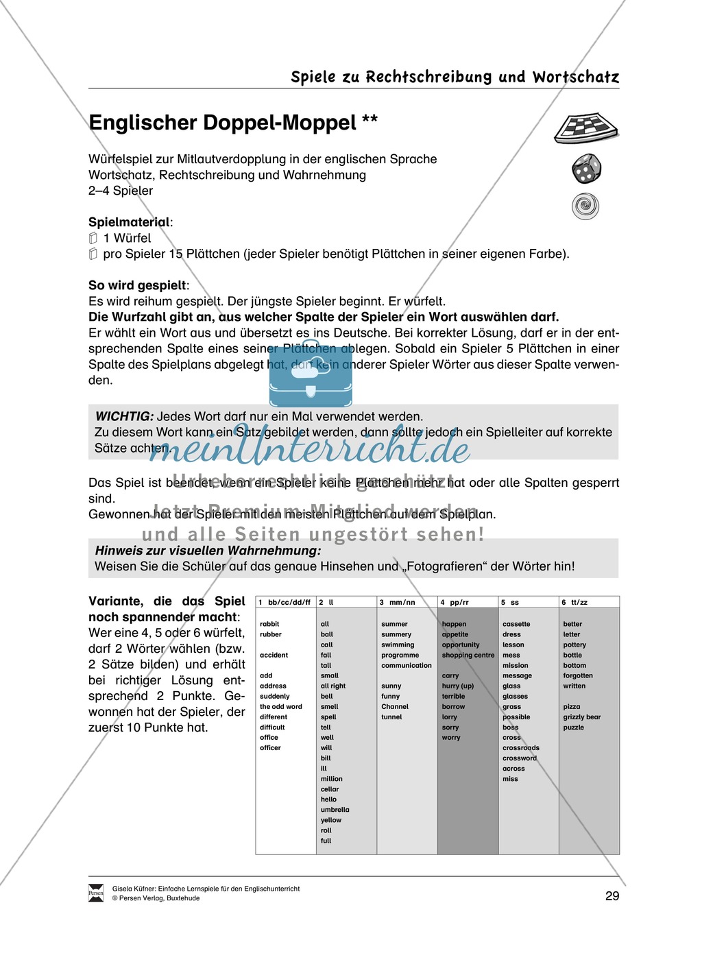 Lernspiele: Wortschatz, Rechtschreibung und Wahrnehmung, unregelmäßige Verben, Mitlautverdopplung, Vokale Preview 6