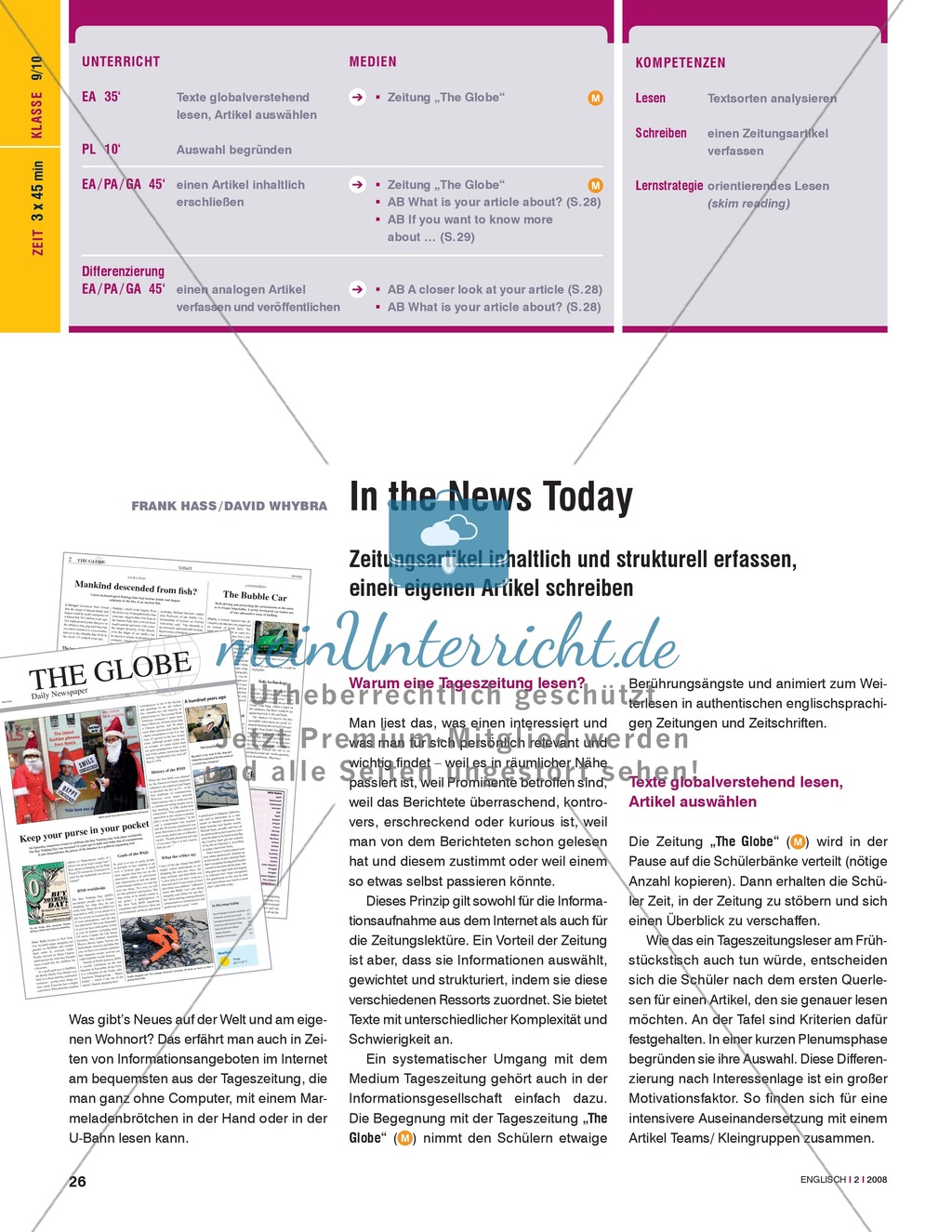 Unterrichtseinheit zur Arbeit mit Zeitungsartikeln: Inhaltliche und strukturelle Erfassung von Artikeln, eigene Artikel schreiben. Mit hilfreichen Links, Arbeitsblättern und didaktischen Erläuterungen. Preview 1