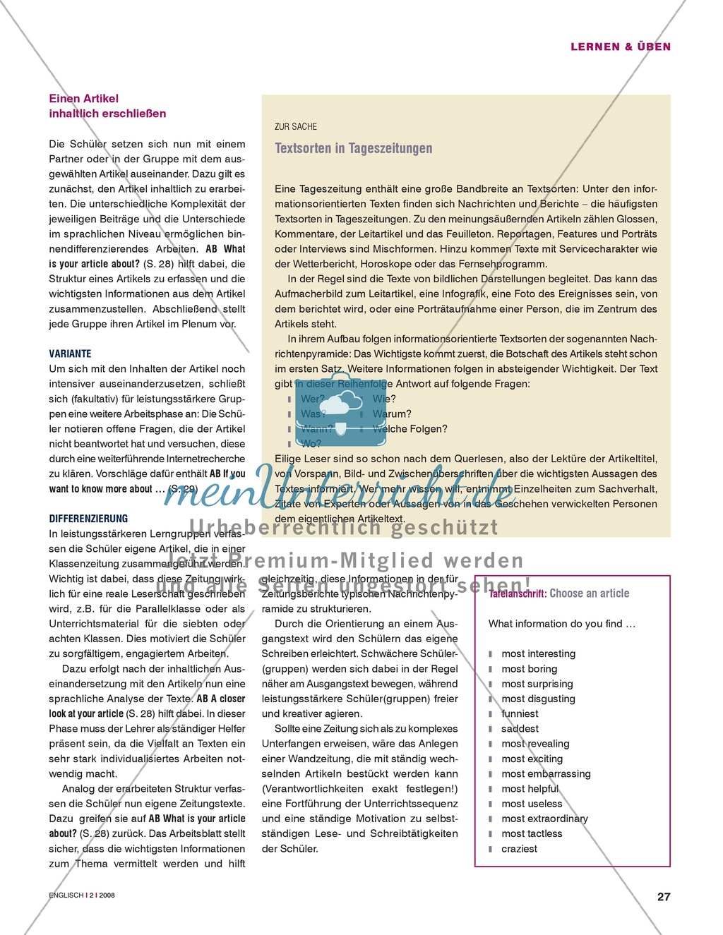 Unterrichtseinheit zur Arbeit mit Zeitungsartikeln: Inhaltliche und strukturelle Erfassung von Artikeln, eigene Artikel schreiben. Mit hilfreichen Links, Arbeitsblättern und didaktischen Erläuterungen. Preview 2