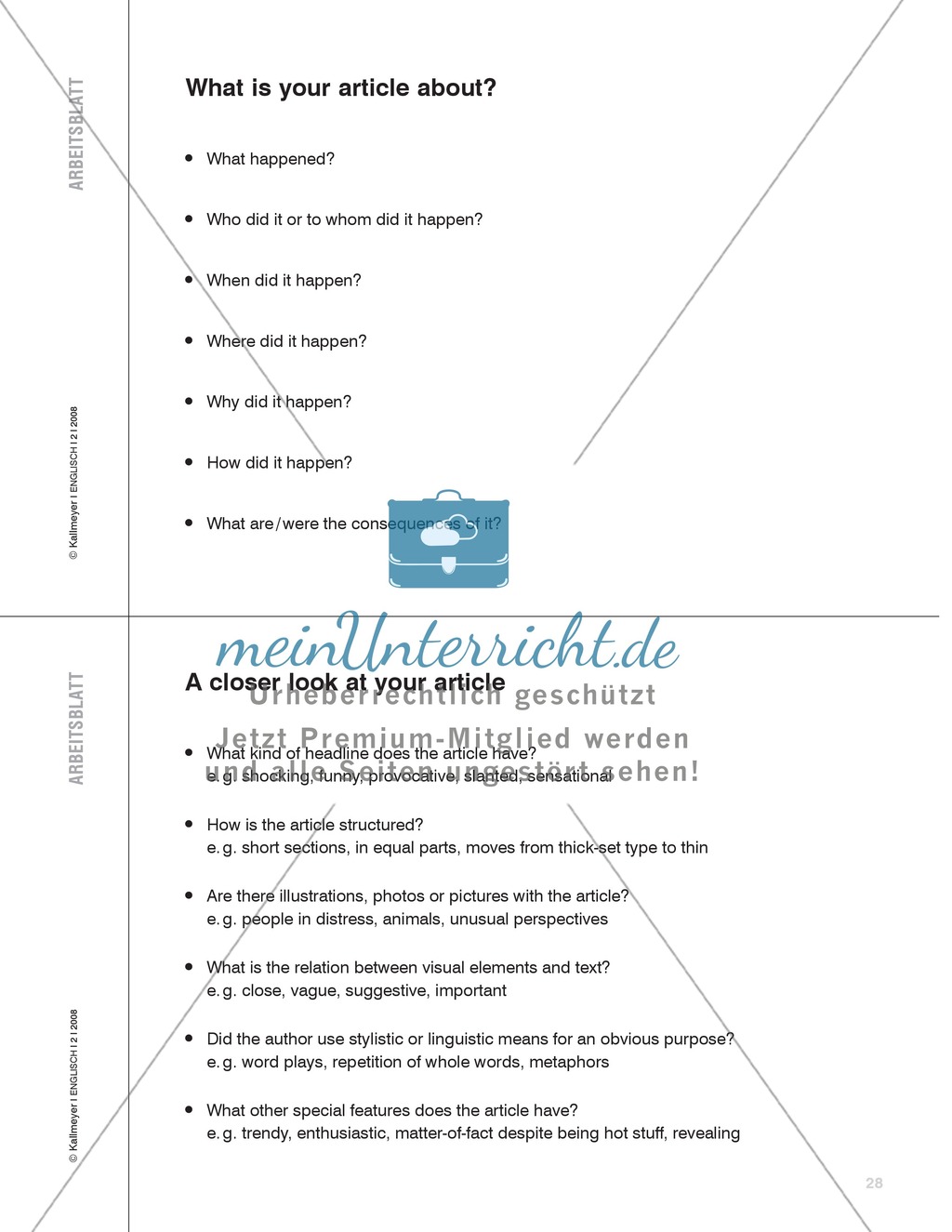 Unterrichtseinheit zur Arbeit mit Zeitungsartikeln: Inhaltliche und strukturelle Erfassung von Artikeln, eigene Artikel schreiben. Mit hilfreichen Links, Arbeitsblättern und didaktischen Erläuterungen. Preview 3