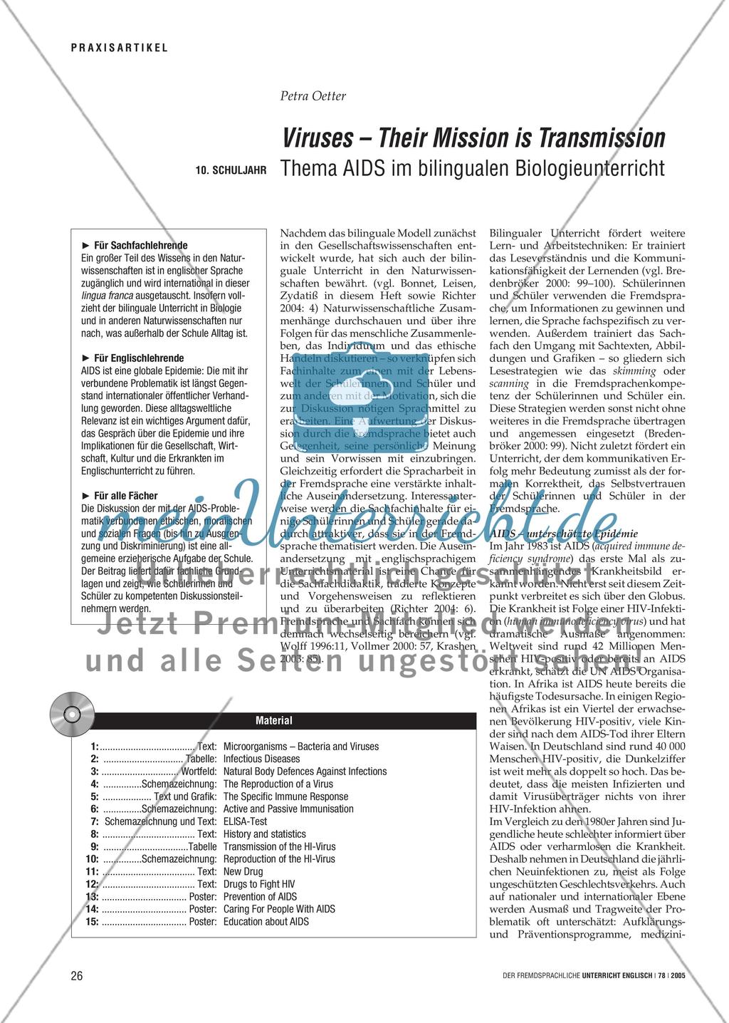 Viruses – Their Mission is Transmission - Thema AIDS im bilingualen Biologieunterricht Preview 1