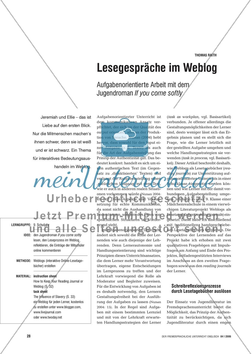 Lesegespräche im Weblog - Aufgabenorientierte Arbeit mit dem Jugendroman If you come softly Preview 1