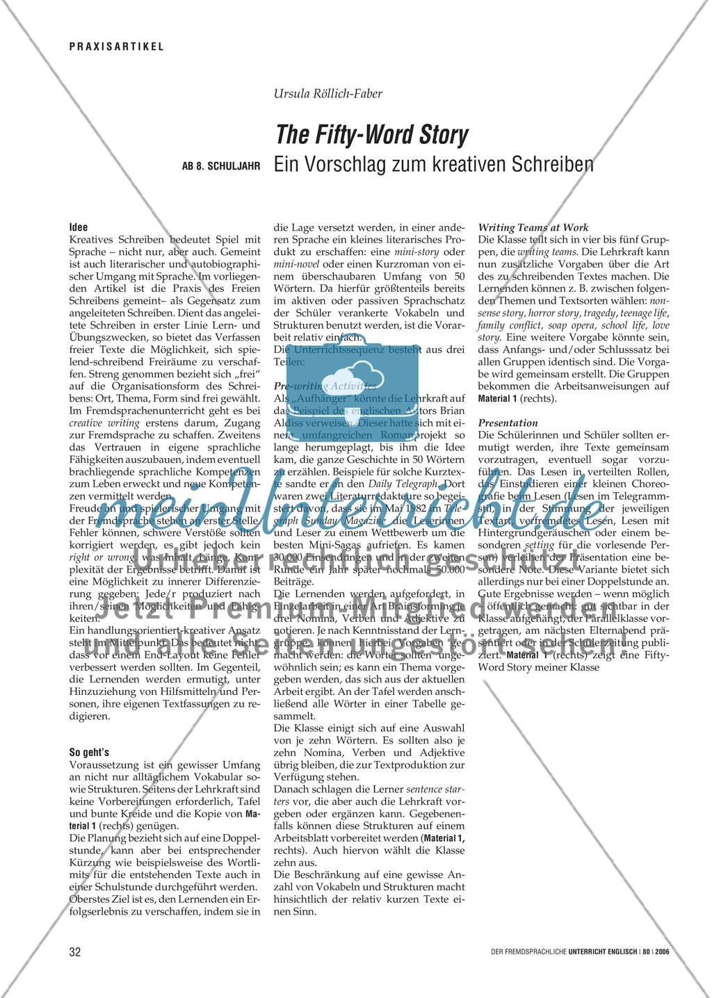 The Fifty-Word Story - Ein Vorschlag zum kreativen Schreiben Preview 1